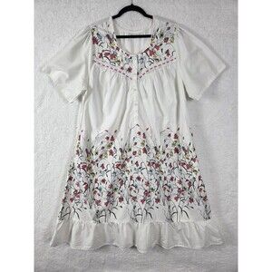 Vtg National House Dress Muumuu Womens 2X White Floral SS Ruffle Hem Cottagecore